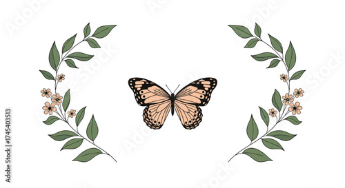 A beautiful butterfly rests peacefully amidst a delicate floral wreath.