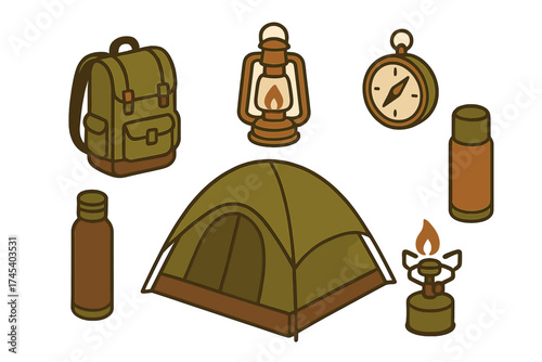 Essential outdoor camping equipment set including tent backpack and compass