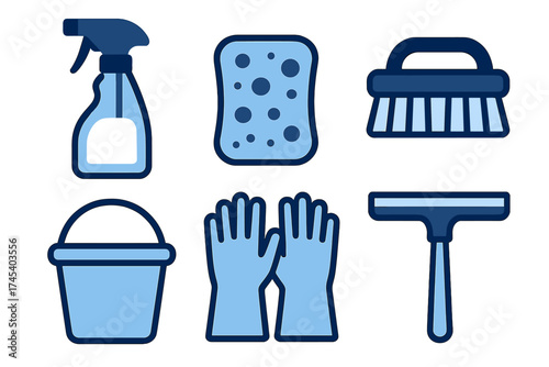 Set of essential household cleaning supplies and tools icons in blue colors