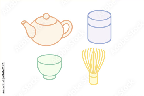 Traditional Japanese matcha tea ceremony tools including teapot, bowl, and whisk