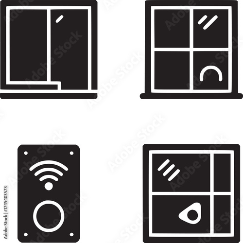 Four black and white icons depicting windows and a smart home device on a plain white background