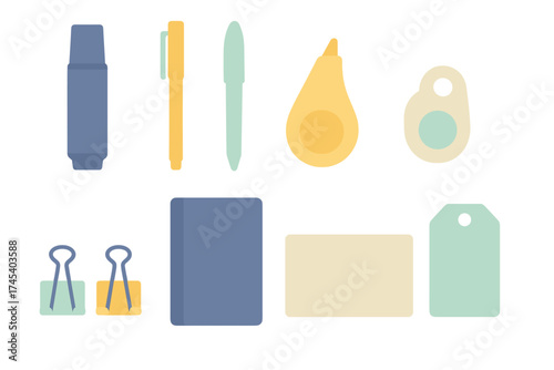 Essential office and school supplies collection featuring pens, highlighters, notebook, and paper clips in pastel colors