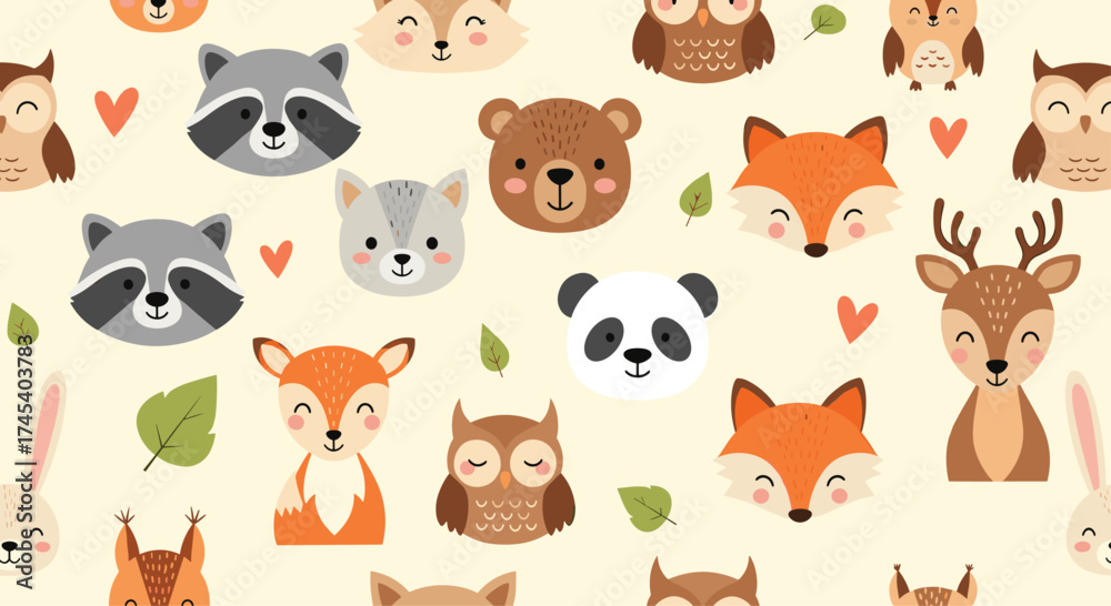 Obraz premium Cute cartoon woodland animals and leaves seamless pattern.