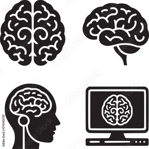 Four brain representations in black and white showing different views and technological integration