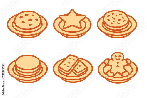 Isometric assortment of sweet baked goods including cookies, pancakes, and biscuits