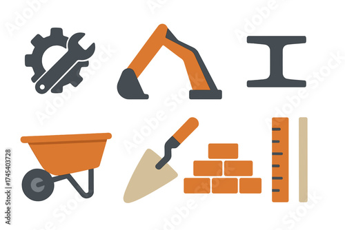 Flat design icons representing construction tools and building materials