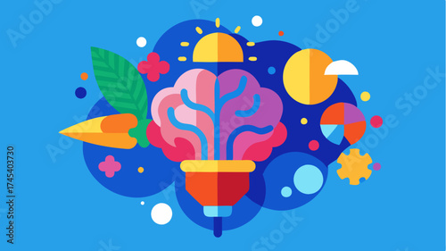 A conceptual image of a designers brain filled with vivid colors and design elements symbolizing creativity and innovation within graphic design.