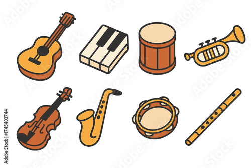 Collection of various musical instruments including strings, percussion, and wind instruments in isometric style