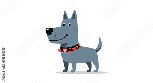 A happy grey dog wearing a collar with hearts on it smiles.