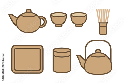 Traditional Japanese tea ceremony utensils set with teapots, cups, tray, and whisk