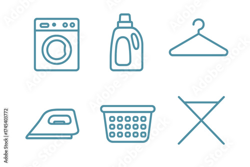 Household laundry symbols showing washing machine detergent iron and drying rack