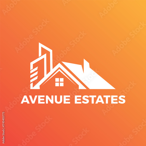 Modern Residential House and Skyscraper Silhouette on Sunset Gradient, Property Development Icon,Vibrant Orange Real Estate Branding Mark, Combined Home and Cityscape Vector Symbol for Realty Agency