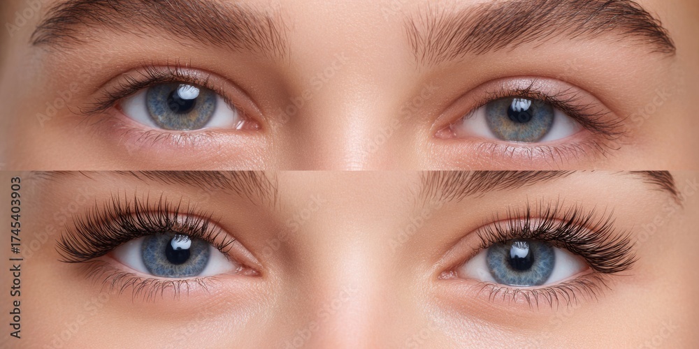 Obraz premium Closeup before and after comparison of natural and voluminous eyelashes