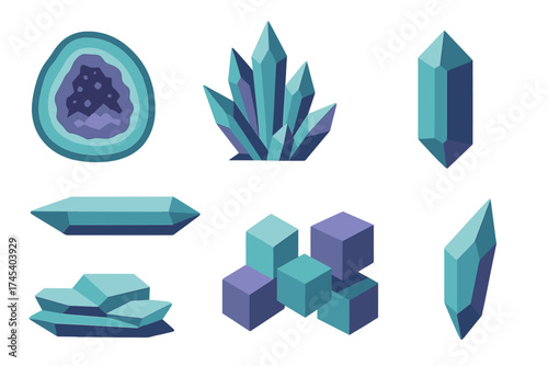 Stylized geometric mineral stones and crystal formations in teal and purple colors