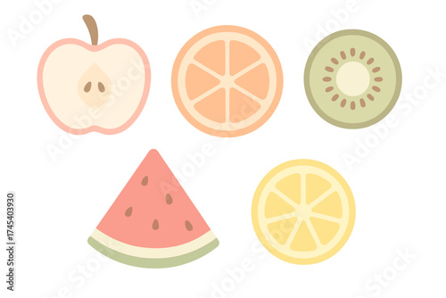 Collection of stylized fruit slices including apple, orange, kiwi, watermelon, and lemon in pastel colors