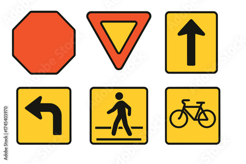 Set of six essential road safety signs including stop, yield, straight, turn, pedestrian, and bicycle symbols