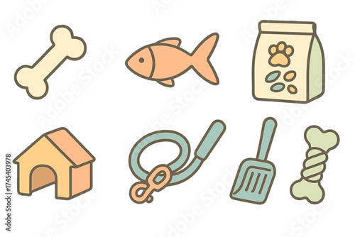 Cute pet care accessories and supplies set featuring food, toys, and housing items