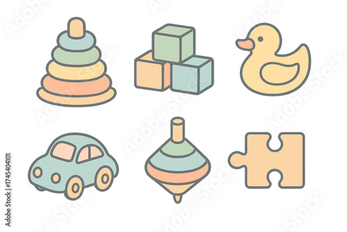 Set of classic baby and toddler toys including stacking rings, building blocks, rubber duck, spinning top, and puzzle