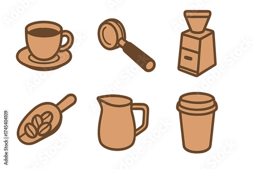 Set of essential coffee equipment icons including portafilter, grinder, mug, and milk pitcher