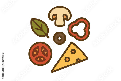 Fresh pizza toppings assortment including cheese tomato mushroom bell pepper olive and basil