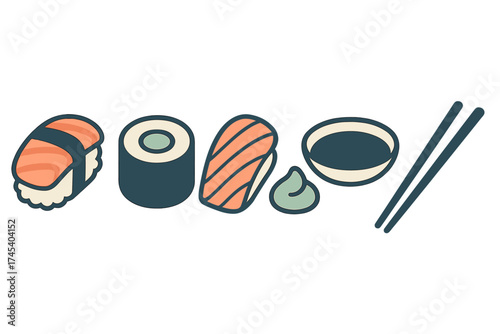 Collection of popular Japanese sushi dishes including salmon nigiri, maki roll, wasabi, and chopsticks