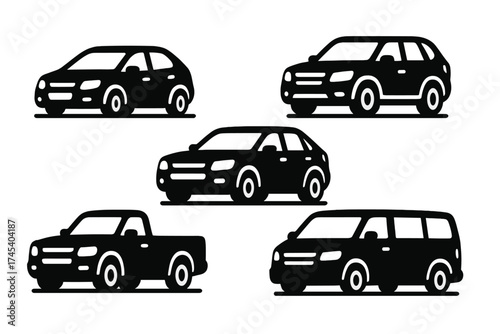 Set of five different modern transportation vehicles including sedan SUV pickup truck and minivan