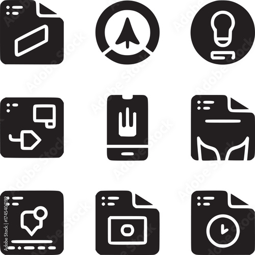 Collection of nine black glyph icons depicting various symbols on a white background display icons