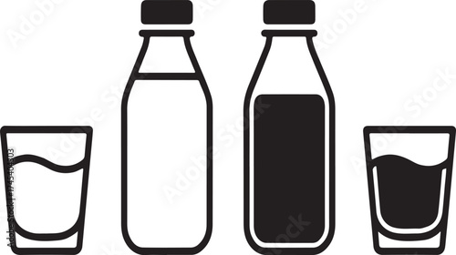 Black and white icons of milk bottles and glasses drink beverage