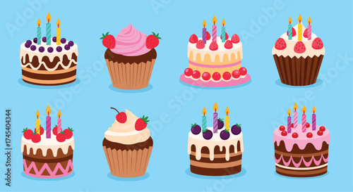 A collection of pixel art birthday cakes and cupcakes with candles.