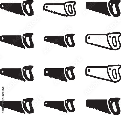 Collection of Hand Saw Icons and Silhouettes on White Background tool carpentry