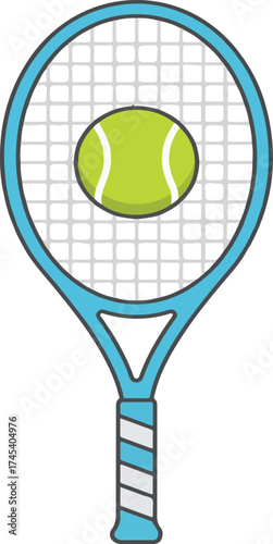 Tennis Racket and Ball with Blue Frame and Green Ball Keywords: tennis, racket, ball, sport, game