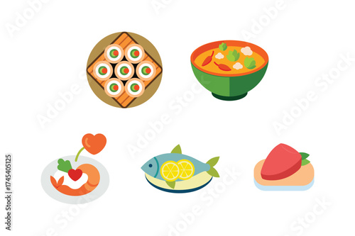 Assortment of vibrant and appetizing japanese cuisine arranged on a clean white background