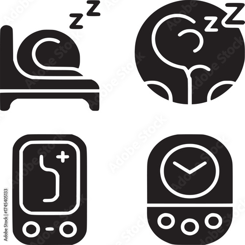 A set of icons depicting sleep related items including a bed a person sleeping a phone and a clock icon