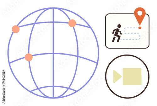 Globe with connection points, location icon, running figure, and video play button. Ideal for communication, navigation, media sharing, global collaboration remote work tracking learning. Simple