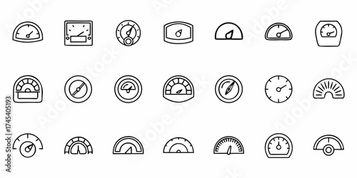Dynamic collection of diverse gauge icons showcasing speed, performance, and measurement indicators for modern dashboards and industrial applications