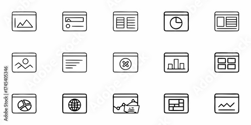 Modern business icons representing data analysis charts, website layouts, and content organization for digital presentations and design projects