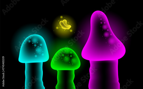 Neon Mushrooms and Firefly on Black
