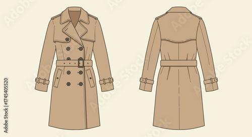 vector illustration of a beige trench coat, double-breasted buttons, belt and collar