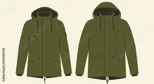 vector illustration of a parka jacket with hood and pockets, olive green color 