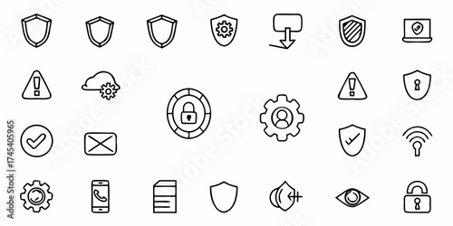 Essential security and technology icons depict shields, locks, alerts, cloud services, and communication tools for robust digital protection and system management