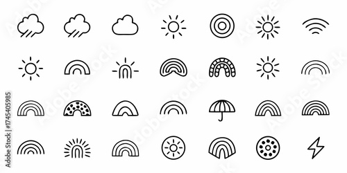 Bright and cheerful weather icons including sun, clouds, rainbows, and lightning for diverse design projects