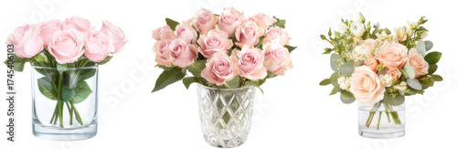 Elegant Floral Symphony: A captivating collection of delicate bouquets, showcasing an array of vibrant rose blossoms in exquisite vases, each arrangement a testament to beauty and grace.