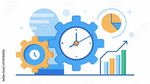 A clock with gears and chart elements depicting time management and the importance of deadlines in achieving productivity goals.