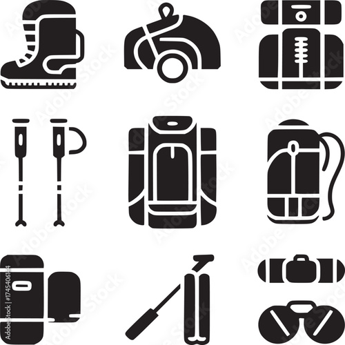 A collection of black glyph icons representing hiking and camping gear on a white background layout
