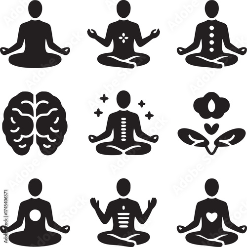Collection of black and white yoga meditation icons arranged in a grid pattern on white background