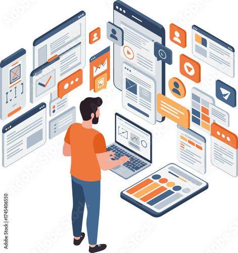 Isometric Man Working with Software Development and Website Design Illustration