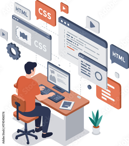Flat Style Developer Working Desk Illustration with Web Elements Graphic