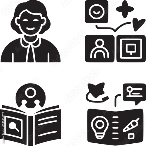 Iconic illustration showcasing a woman, book, and various conceptual diagrams in a structured layout