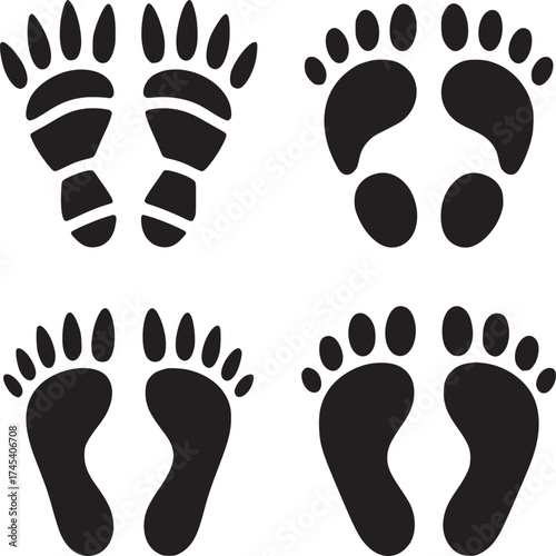 Four sets of black footprints with varying toe shapes arranged on a white background in a square pattern