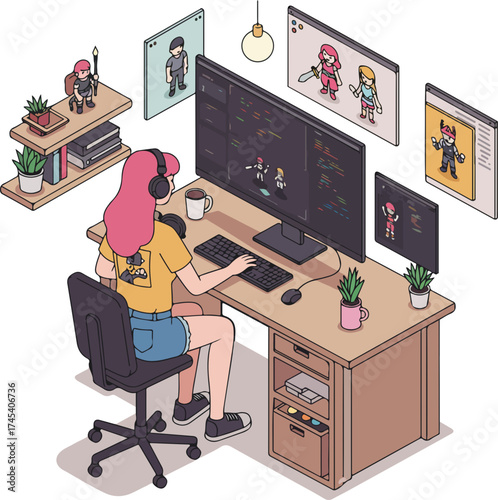 Pixel Art Detailed Female Gamer Workspace with Multiple Monitors Illustration